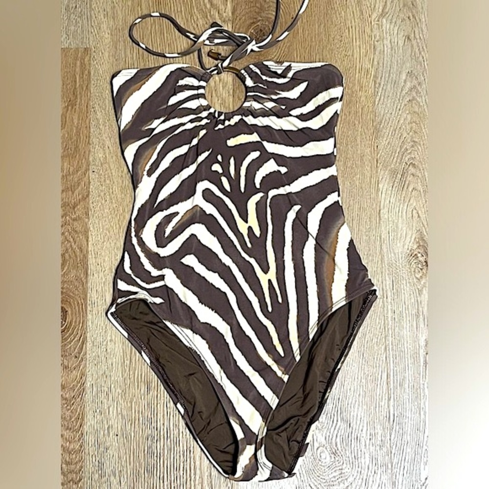 Anne Klein Brown and Cream Zebra-Print Halter One-Piece Swimsuit